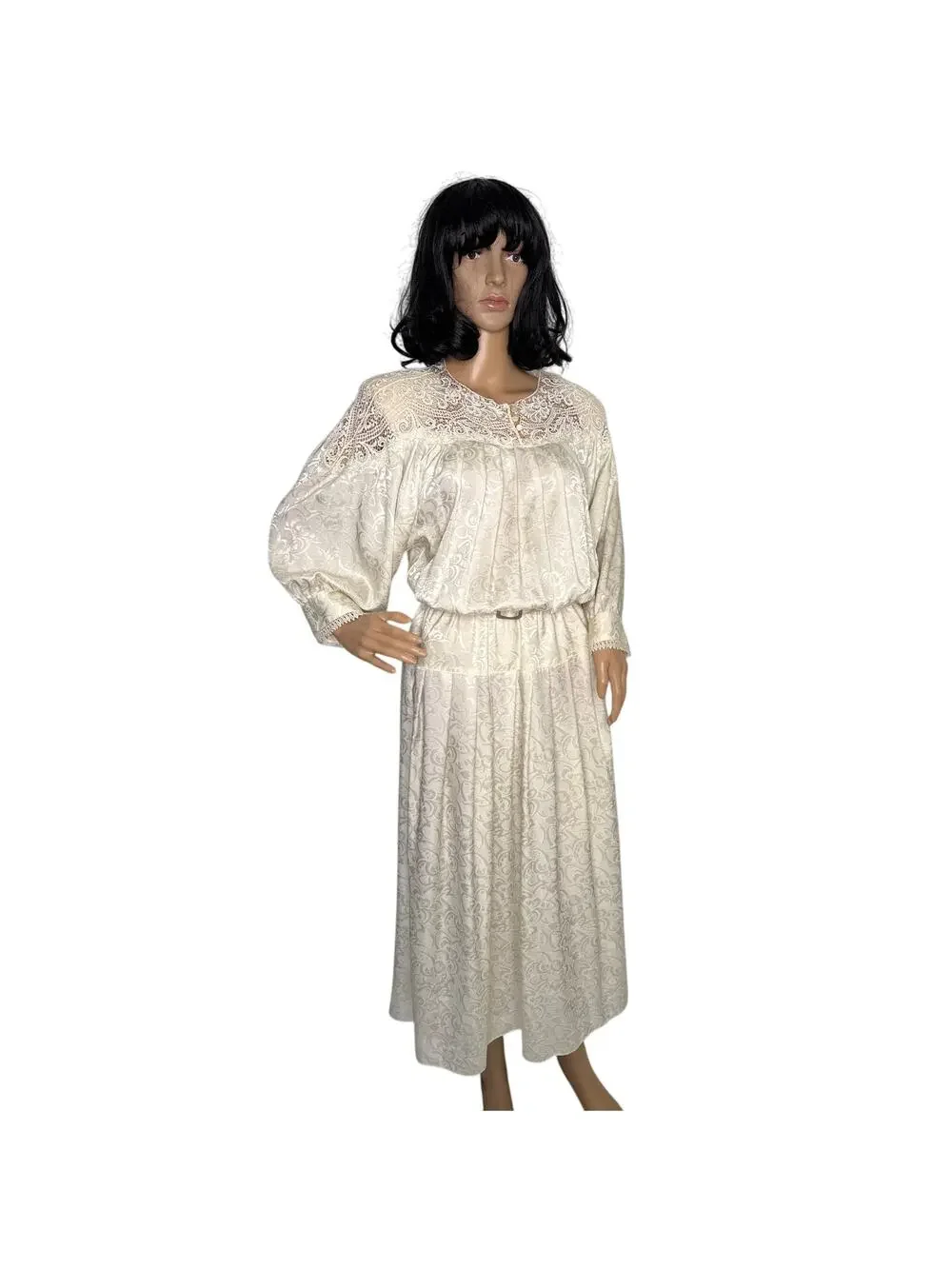 Vintage E.D. Michaels Cream Jacquard Prairie Dress Crochet Lace 80s USA medium